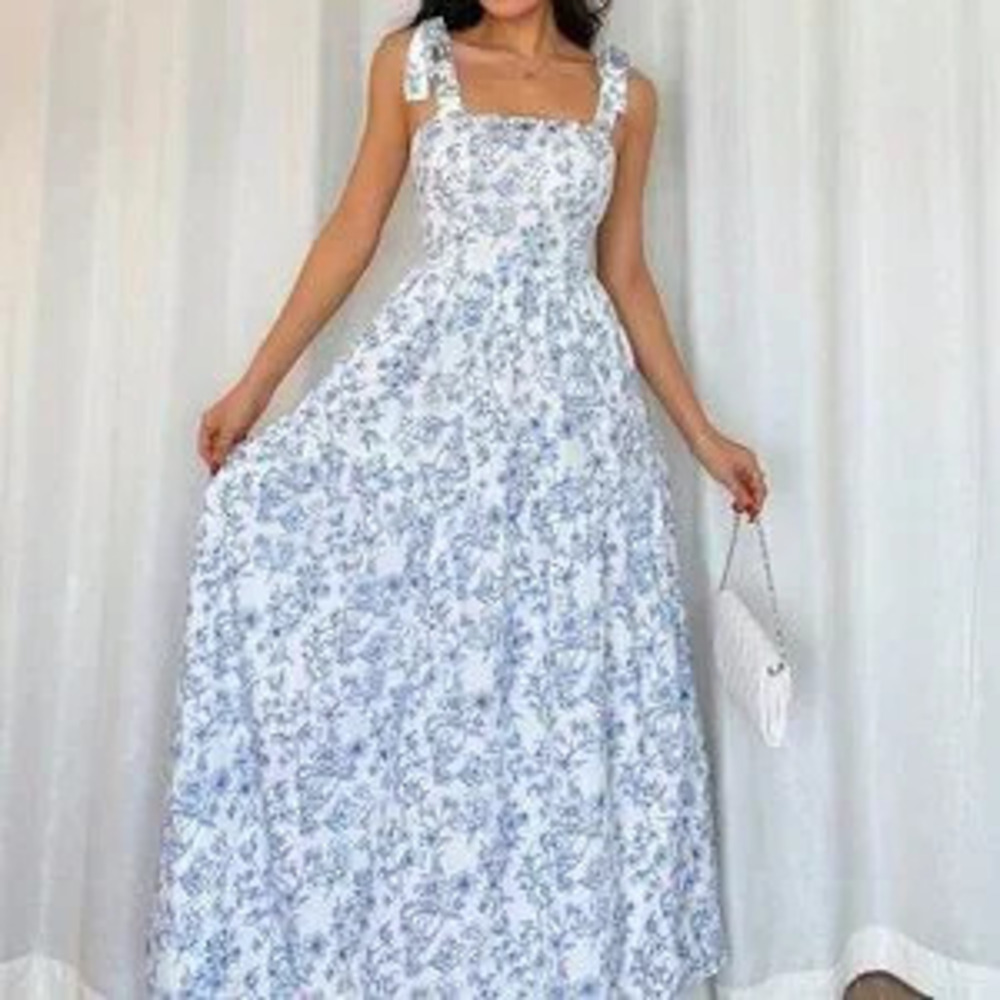 Blue And White Boho Floral Women's Elegant Long Dress - Picture 5 of 5